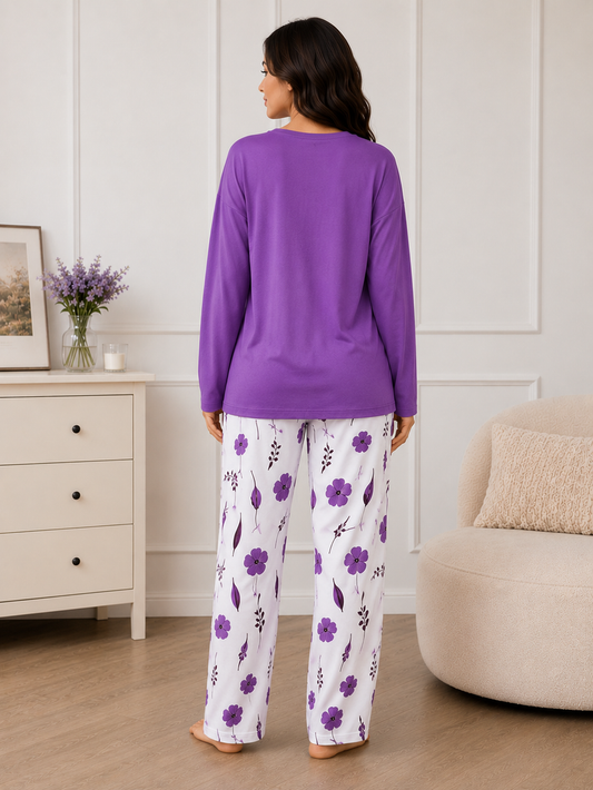 Women's Purple Floral Print Full Sleeve Night Suit Soft Cotton Pajama Set with Printed Trousers