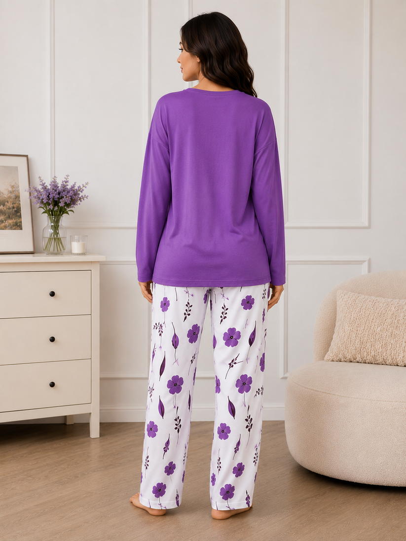 Women's Purple Floral Print Full Sleeve Night Suit Soft Cotton Pajama Set with Printed Trousers