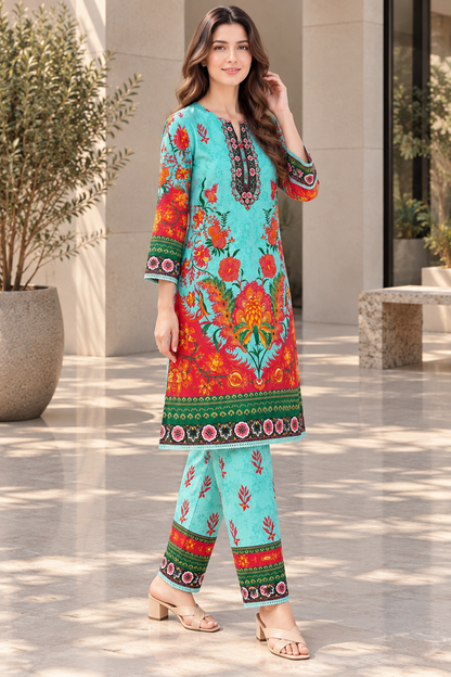 Stitched 2 Piece Lawn Suit for Women | Turquoise Floral Printed Kurta Trouser Set