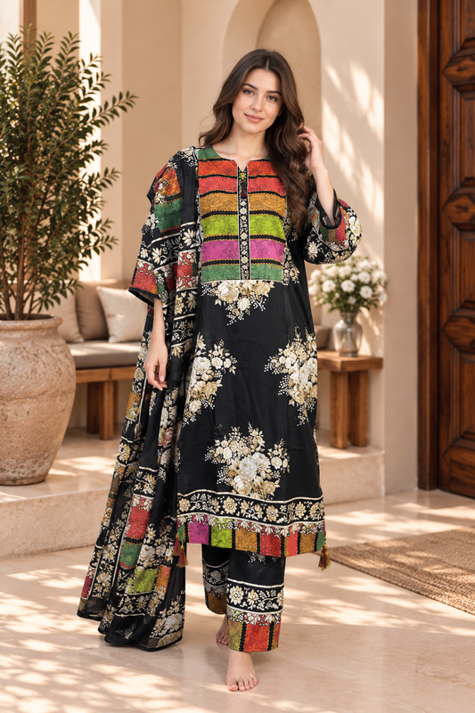 Black Multicolor Heritage Floral Print 3-Piece Stitched Suit for Women – Ready to Wear