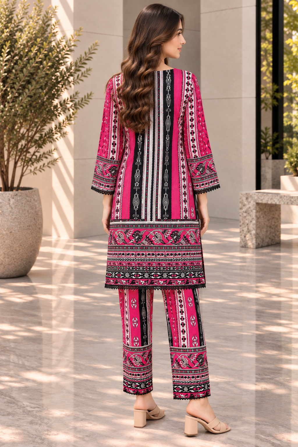 Stitched 2 Piece Lawn Suit for Women | Pink & Black Printed Kurta Trouser Set