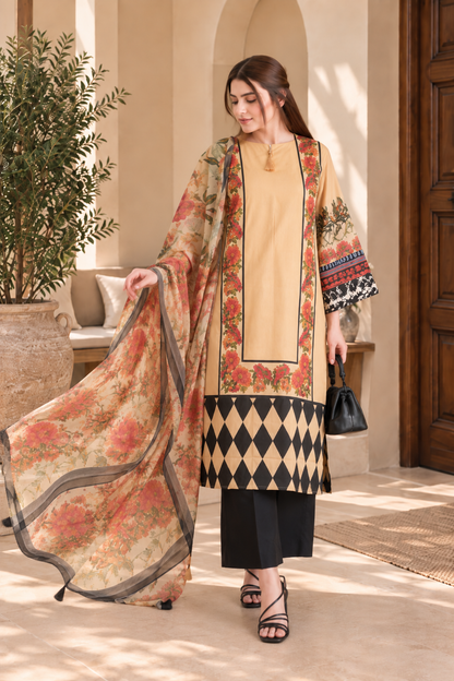 Peach Floral Diamond Print 3-Piece Stitched Suit for Women – Ready to Wear