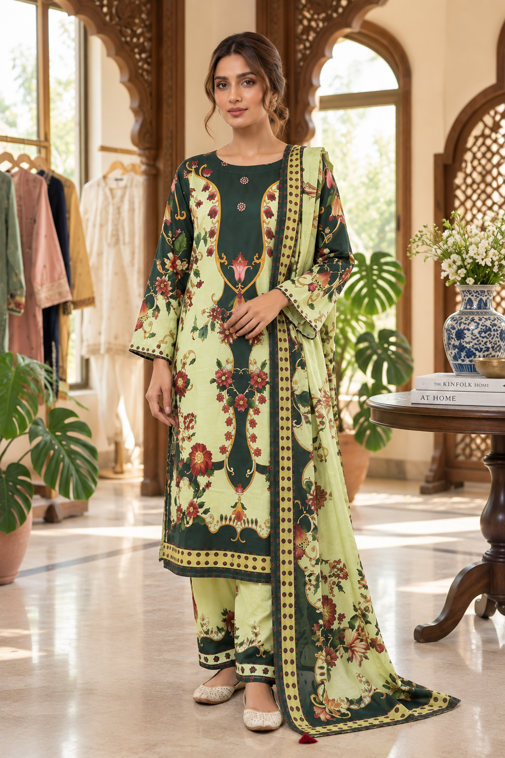Women’s 3 Piece Printed Lawn Suit – Floral Printed Kurta, Trouser & Matching Dupatta