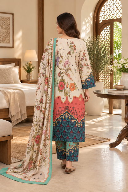 Ivory Floral Garden Print 3-Piece Stitched Suit for Women – Ready to Wear