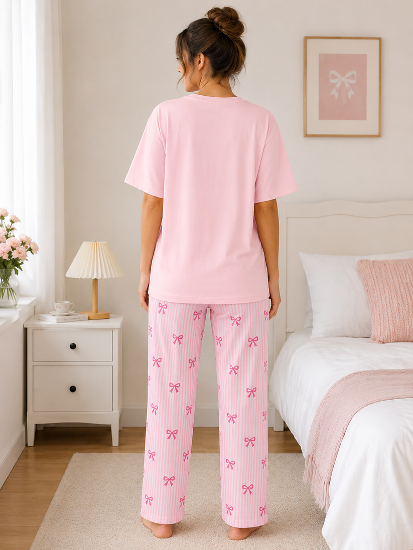 Women's Pink Ribbon Print Night Suit – Soft Loose Fit Short Sleeve T-Shirt & Striped Pajama Set