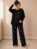 Women's Black Moon & Cat Print Long Sleeve Pajama Set – Soft Nightwear 2 Piece Lounge Set