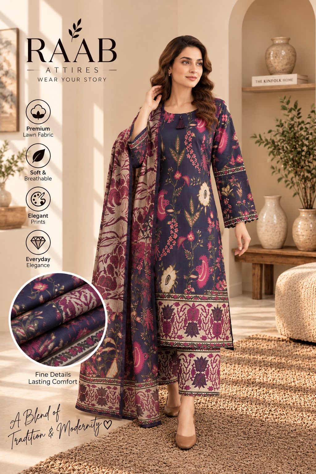 Women’s 3 Piece Printed Lawn Suit – Floral Printed Shirt, Matching Trouser & Dupatta