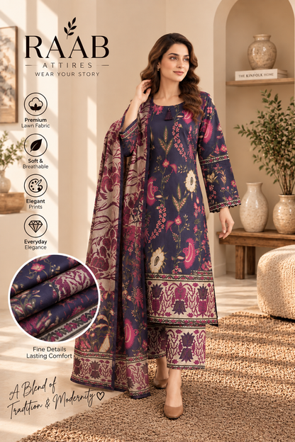 Women’s 3 Piece Printed Lawn Suit – Floral Printed Shirt, Matching Trouser & Dupatta