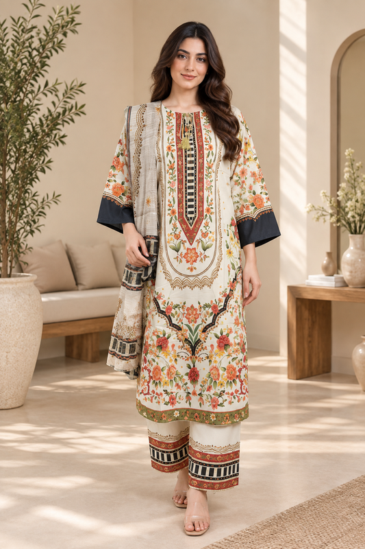 Floral Heritage Border Print 3-Piece Stitched Suit for Women – Ready to Wear