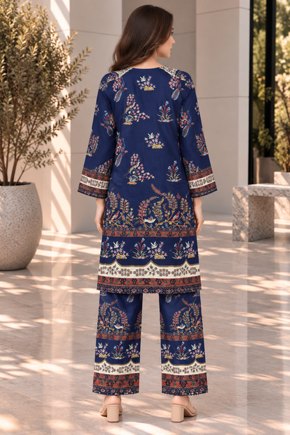 Stitched 2 Piece Lawn Suit for Women | Navy Blue Floral Printed Kurta Trouser Set