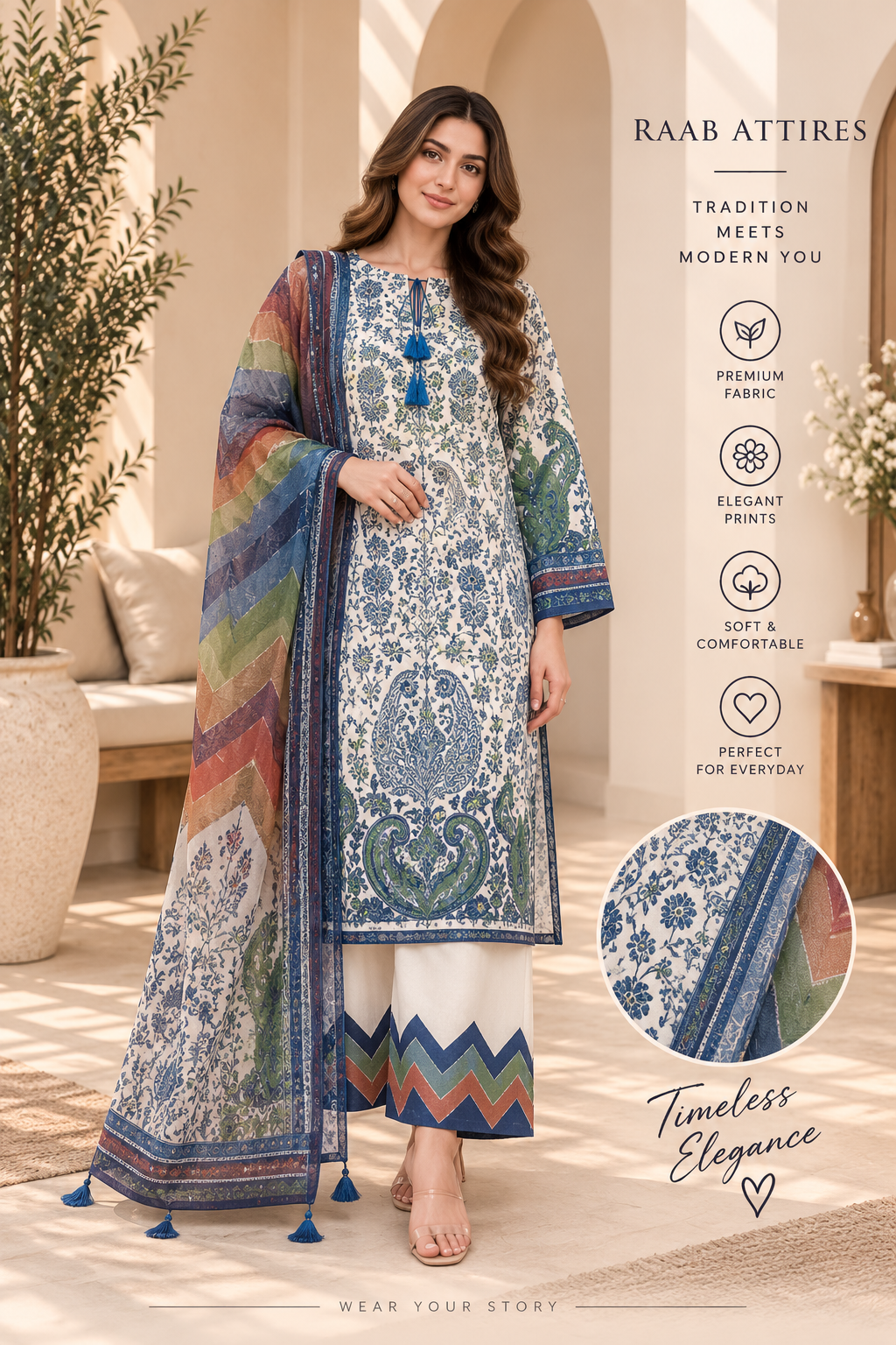 Blue & Green Botanical Paisley Print 3-Piece Stitched Suit for Women – Ready to Wear