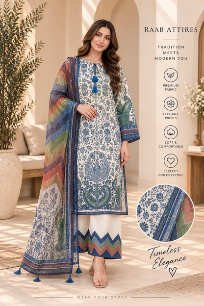 Blue & Green Botanical Paisley Print 3-Piece Stitched Suit for Women – Ready to Wear