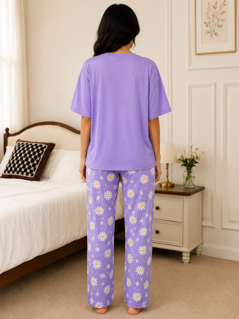 Women's Purple Daisy Oversized Pajama Set – Soft 2 Piece Lounge & Nightwear