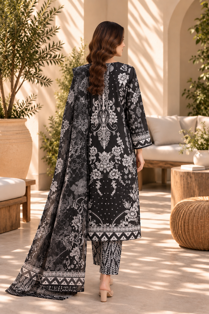 Black & White Floral Lace Print 3-Piece Stitched Suit for Women – Ready to Wear