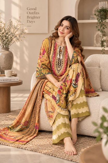 Mustard Floral Printed 3 Piece Lawn Suit with Printed Dupatta – Women’s Unstitched Style
