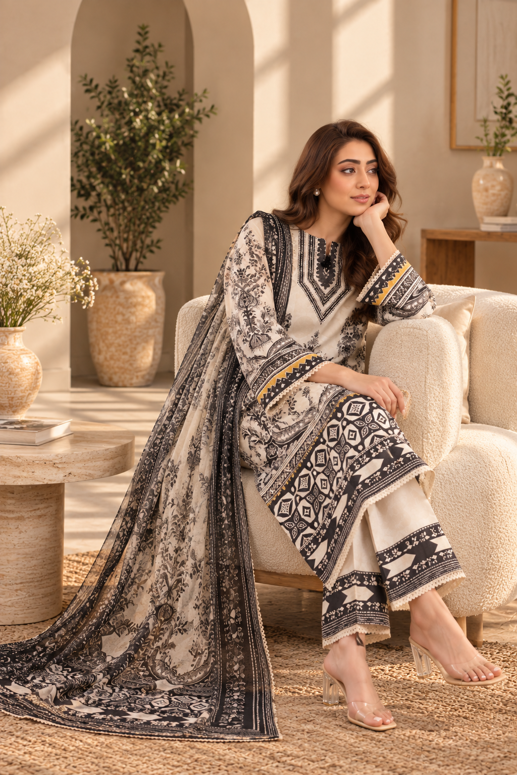 Black & White Printed 3 Piece Lawn Suit with Printed Dupatta – Women’s Unstitched Suit