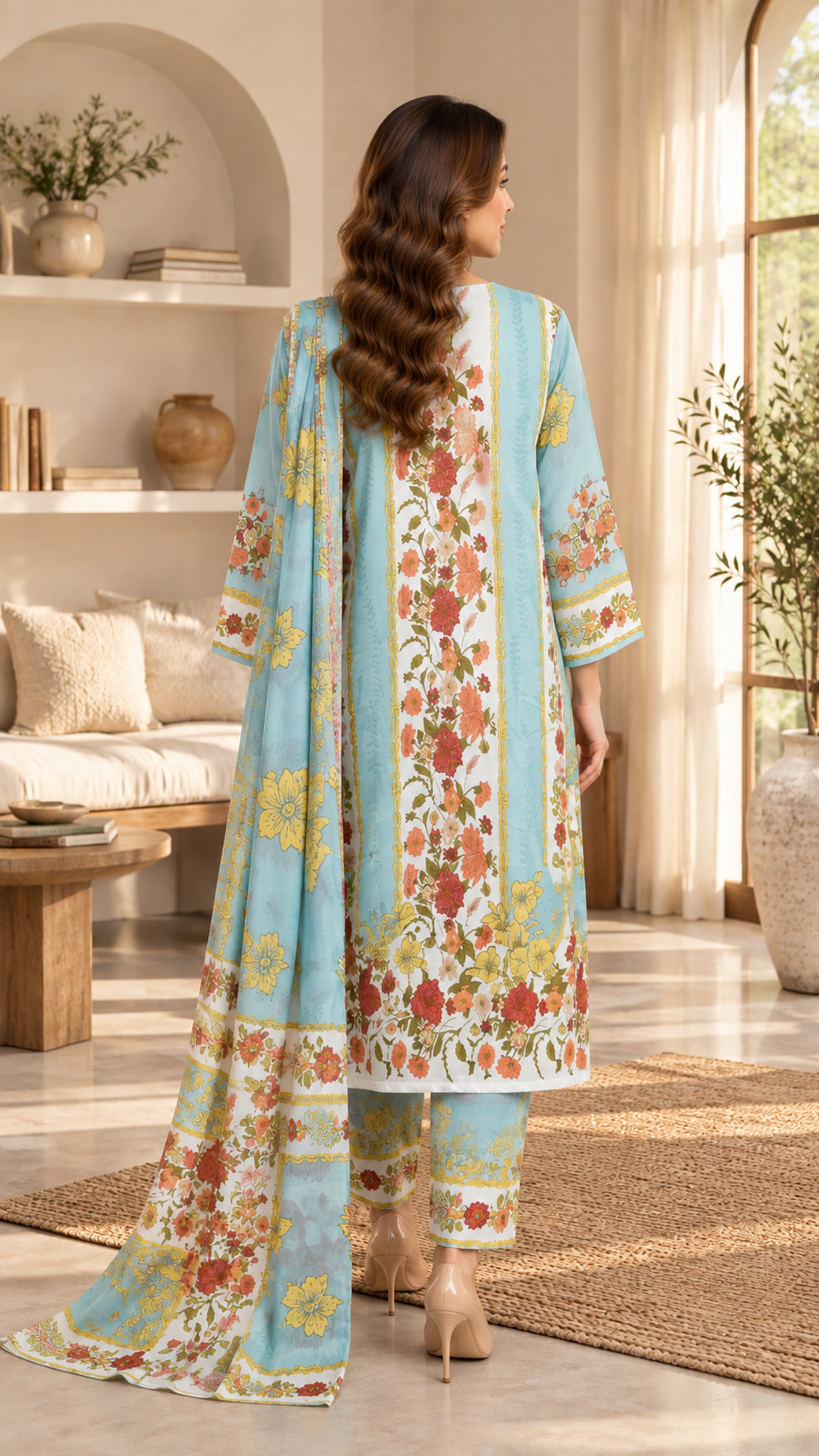 Sky Blue Floral Garden Print 3-Piece Stitched Suit for Women – Ready to Wear