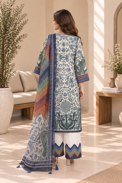 Blue & Green Botanical Paisley Print 3-Piece Stitched Suit for Women – Ready to Wear