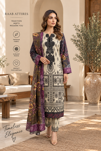 Black & Purple Floral Heritage Print 3-Piece Stitched Suit for Women – Ready to Wear