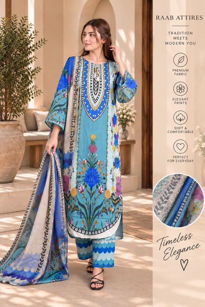 Blue Floral Garden Print 3-Piece Stitched Suit for Women – Ready to Wear