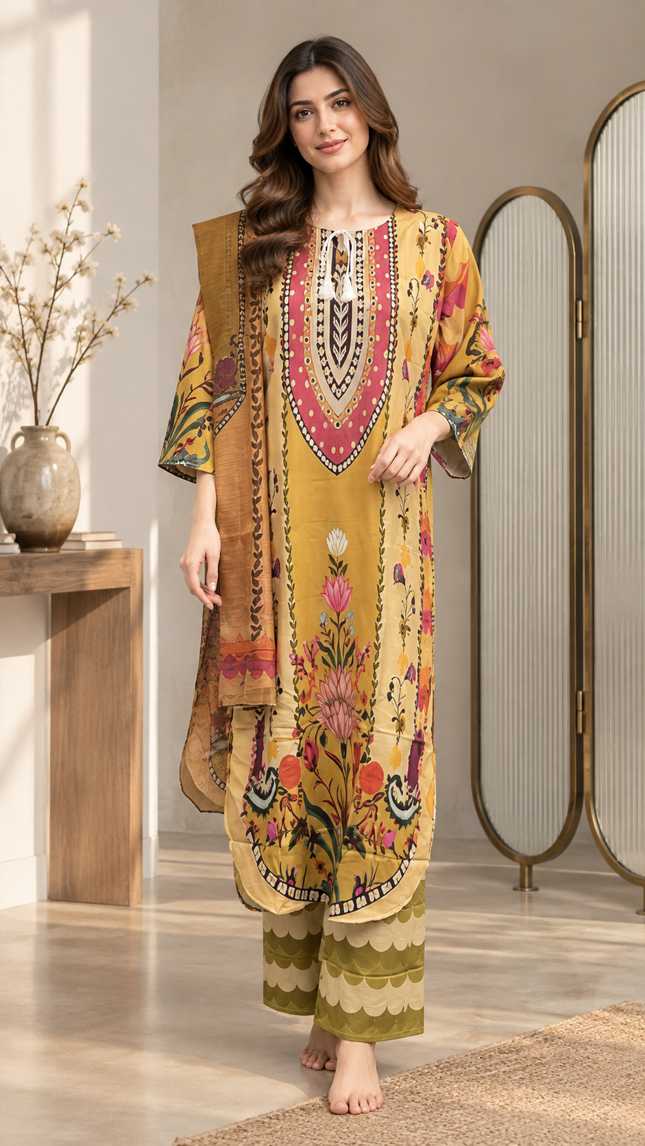 Mustard Floral Printed 3 Piece Lawn Suit with Printed Dupatta – Women’s Unstitched Style