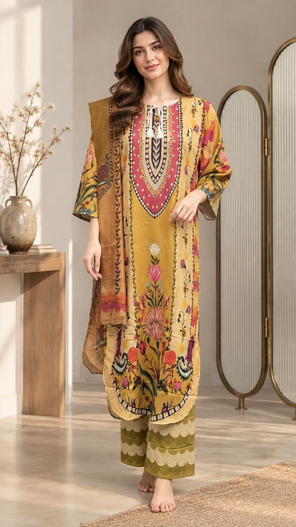 Mustard Floral Printed 3 Piece Lawn Suit with Printed Dupatta – Women’s Unstitched Style