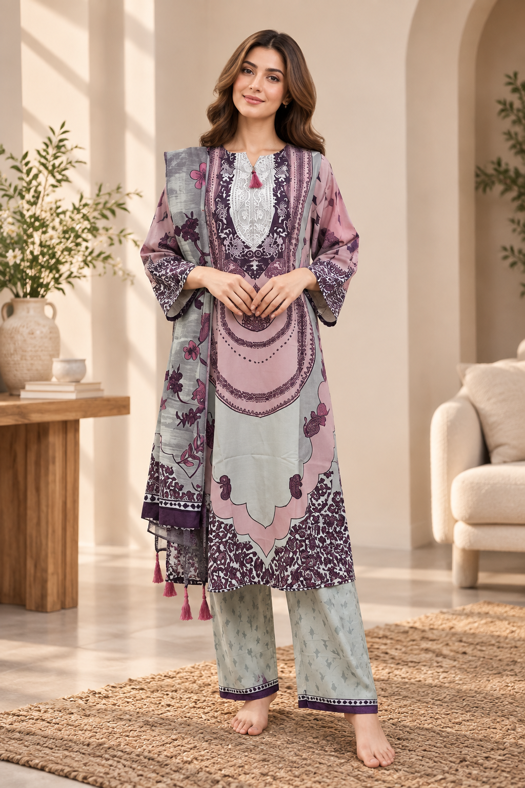 Women’s 3 Piece Printed Lawn Suit – Floral Printed Shirt, Matching Trouser & Dupatta