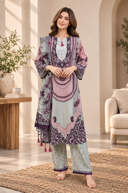 Women’s 3 Piece Printed Lawn Suit – Floral Printed Shirt, Matching Trouser & Dupatta