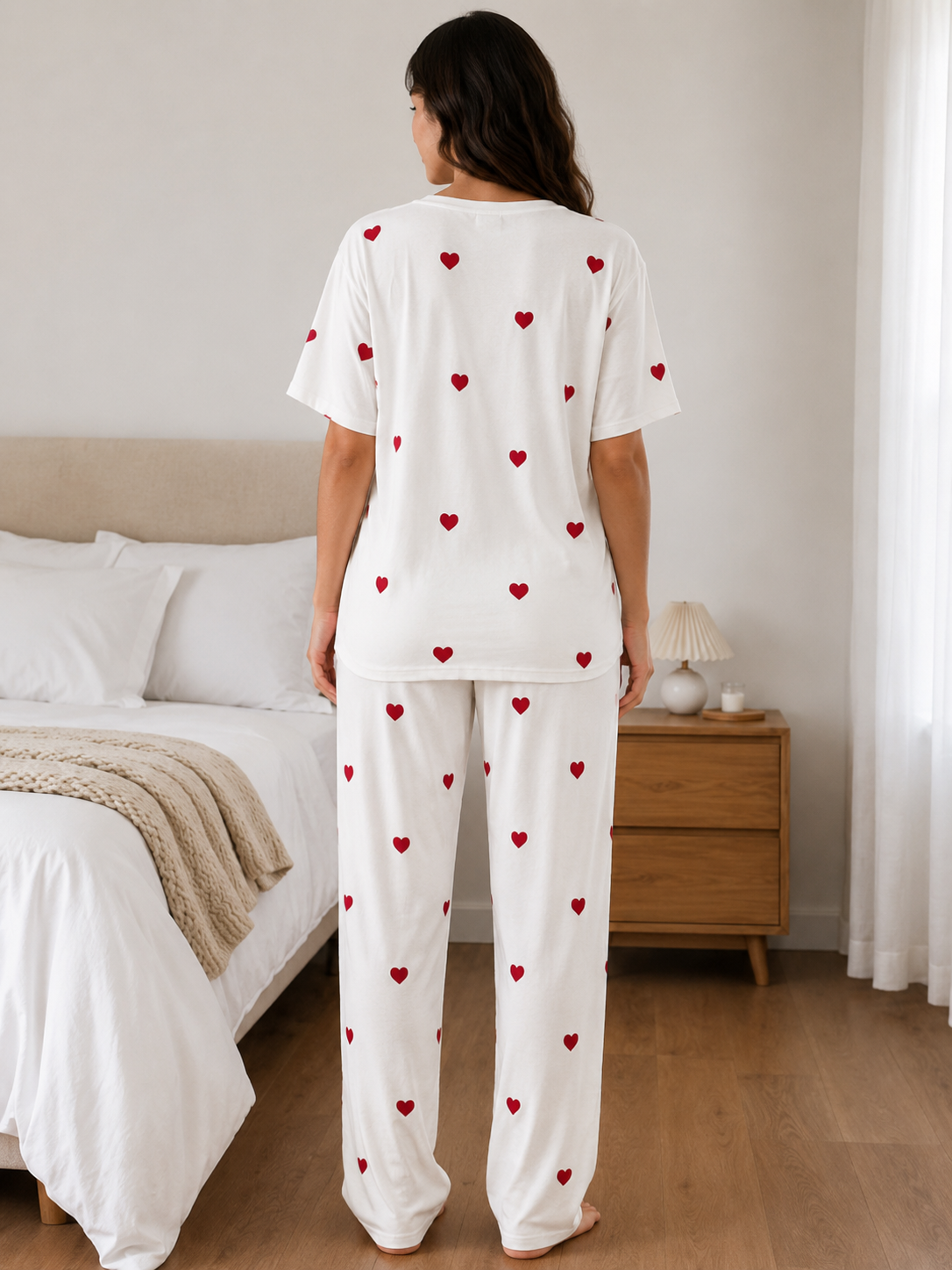 Women's White Heart Print Pajama Set | Soft Two Piece Nightwear & Loungewear