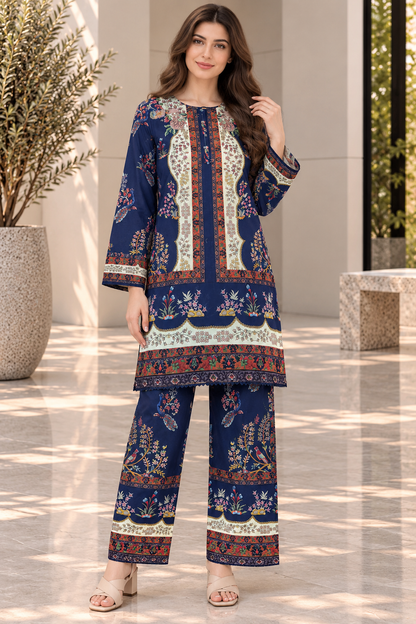 Stitched 2 Piece Lawn Suit for Women | Navy Blue Floral Printed Kurta Trouser Set