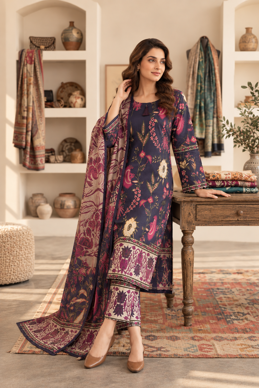 Women’s 3 Piece Printed Lawn Suit – Floral Printed Shirt, Matching Trouser & Dupatta