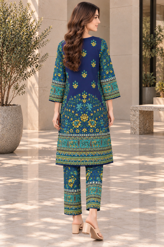 Stitched 2 Piece Lawn Suit for Women | Blue Floral Printed Kurta Trouser Set