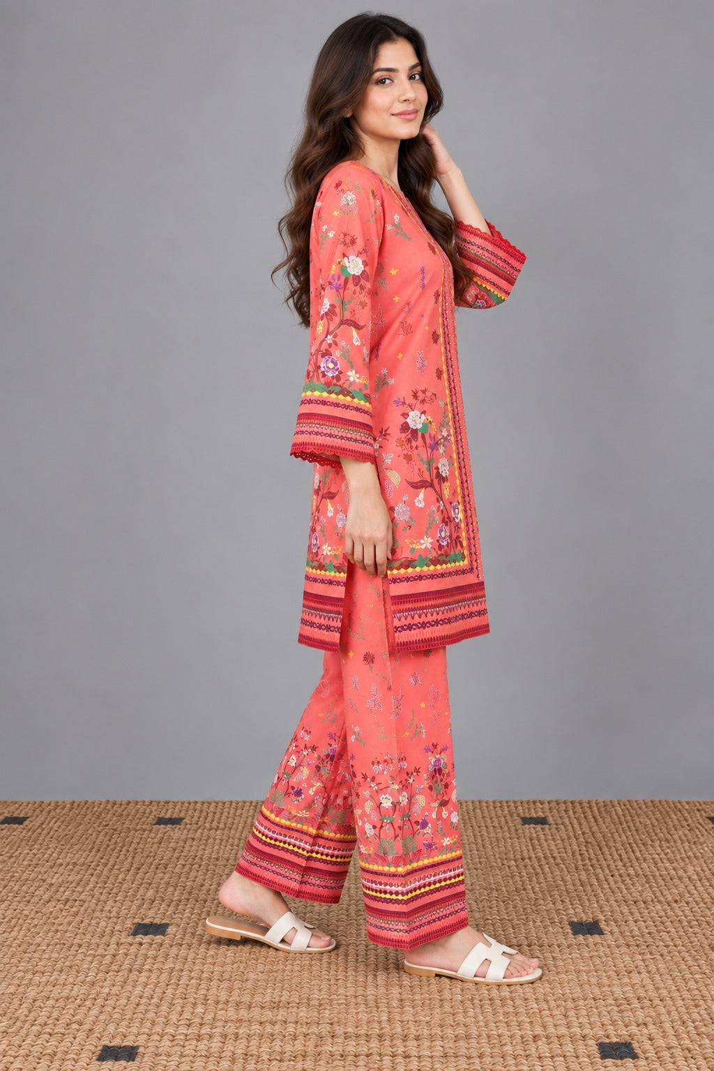 Coral Pink Floral Printed 2 Piece Suit | Printed Kurta & Trouser Set