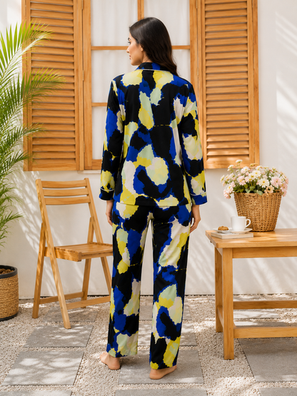 Women’s Abstract Printed Linen Pajama Set – Black, Blue & Yellow