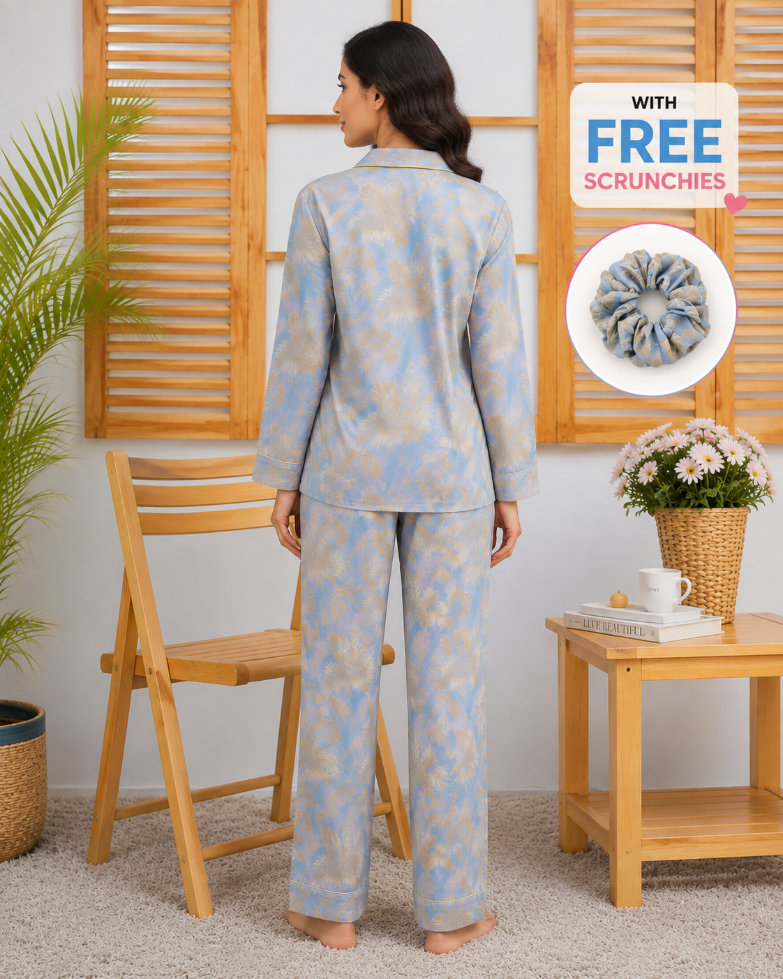 Women’s Sky Blue Palm Print Linen Pajama Set – Elegant Sleepwear