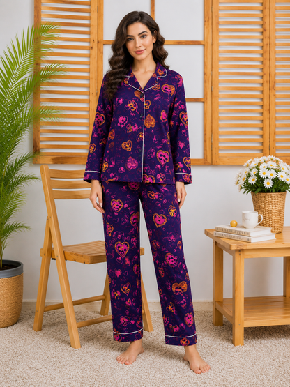 Women’s Purple Heart Printed Linen Night Suit – Ladies Pajama Set