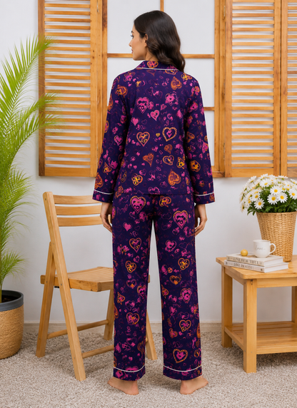 Women’s Purple Heart Printed Linen Night Suit – Ladies Pajama Set