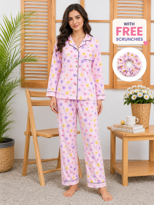 Women’s Pink Flower Printed Linen Night Suit – Cute Ladies Pajama Set