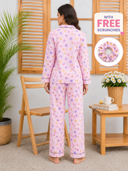 Women’s Pink Flower Printed Linen Night Suit – Cute Ladies Pajama Set
