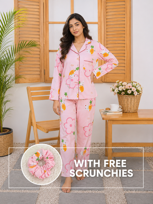 Women’s Pink Printed Linen Pajama Set – Carrot & Floral Design