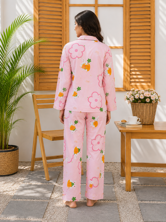 Women’s Pink Printed Linen Pajama Set – Carrot & Floral Design
