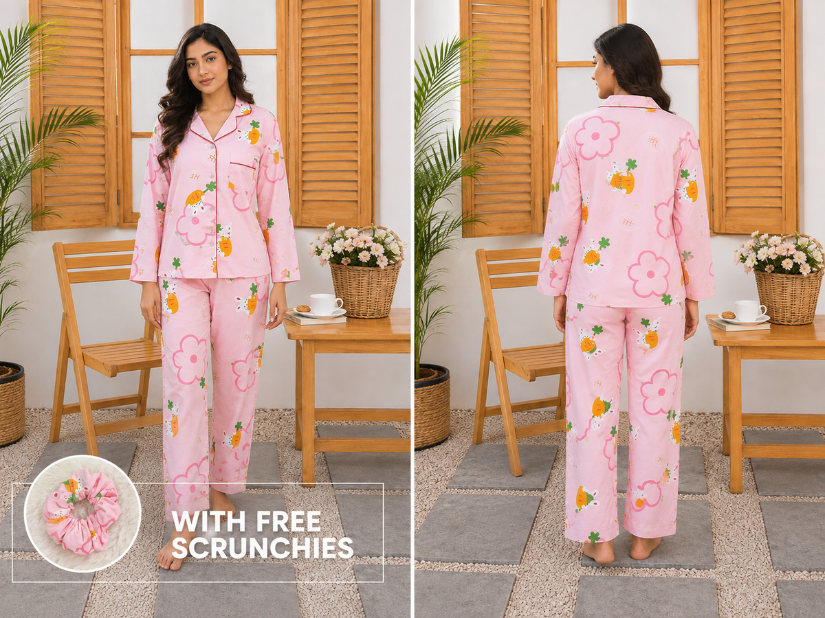 Women’s Pink Printed Linen Pajama Set – Carrot & Floral Design