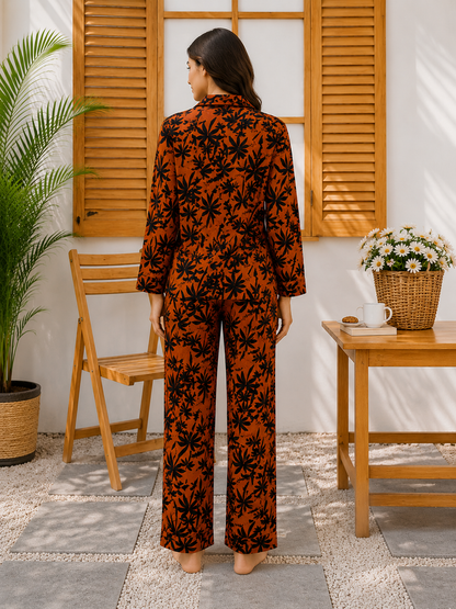 Women’s Orange & Black Floral Linen Pajama Set – Printed Sleepwear