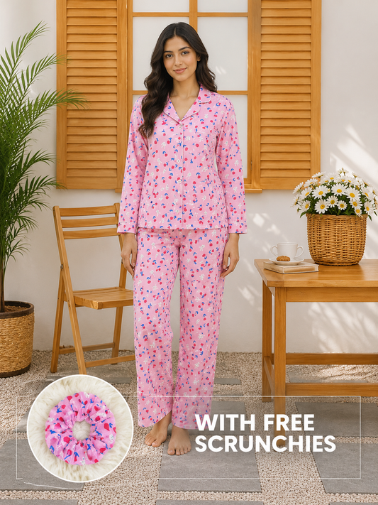 Women’s Pink Cherry Printed Linen Pajama Set – Cute Floral Sleepwear