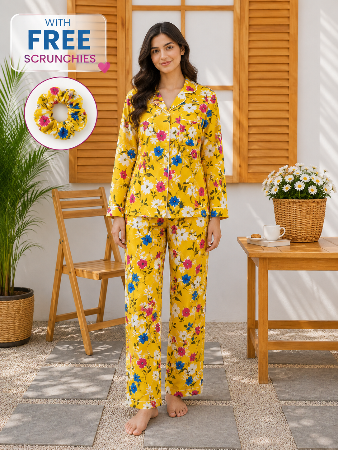 Women’s Yellow Floral Linen Pajama Set – Multicolor Flower Print