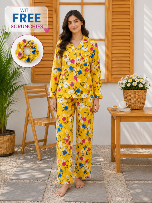 Women’s Yellow Floral Linen Pajama Set – Multicolor Flower Print