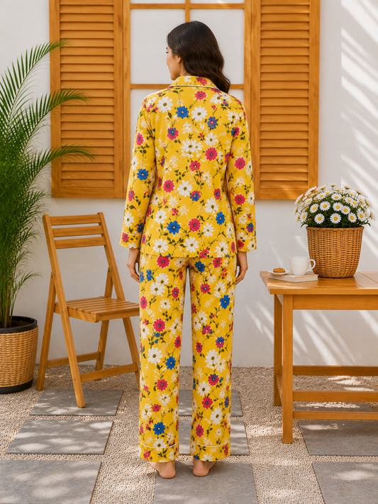Women’s Yellow Floral Linen Pajama Set – Multicolor Flower Print