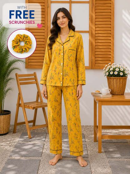 Women’s Mustard Yellow Printed Linen Pajama Set – Floral Sleepwear