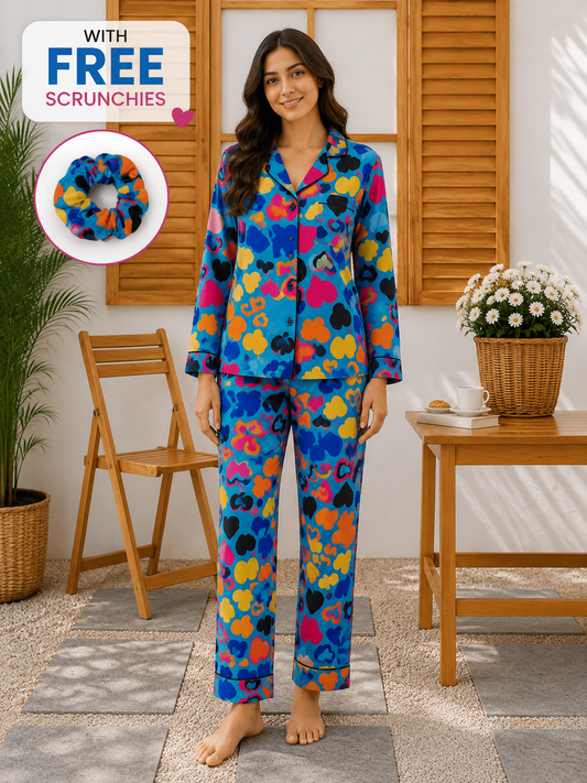 Women’s Colorful Hearts Printed Linen Pajama Set – Cute Sleepwear