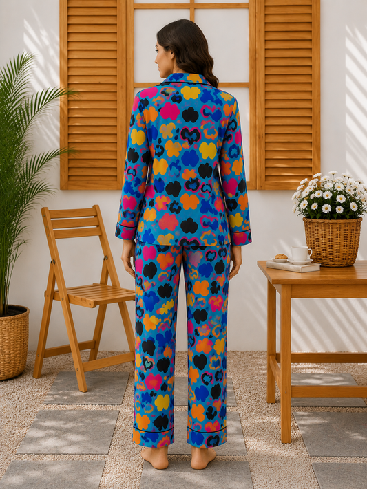 Women’s Colorful Hearts Printed Linen Pajama Set – Cute Sleepwear
